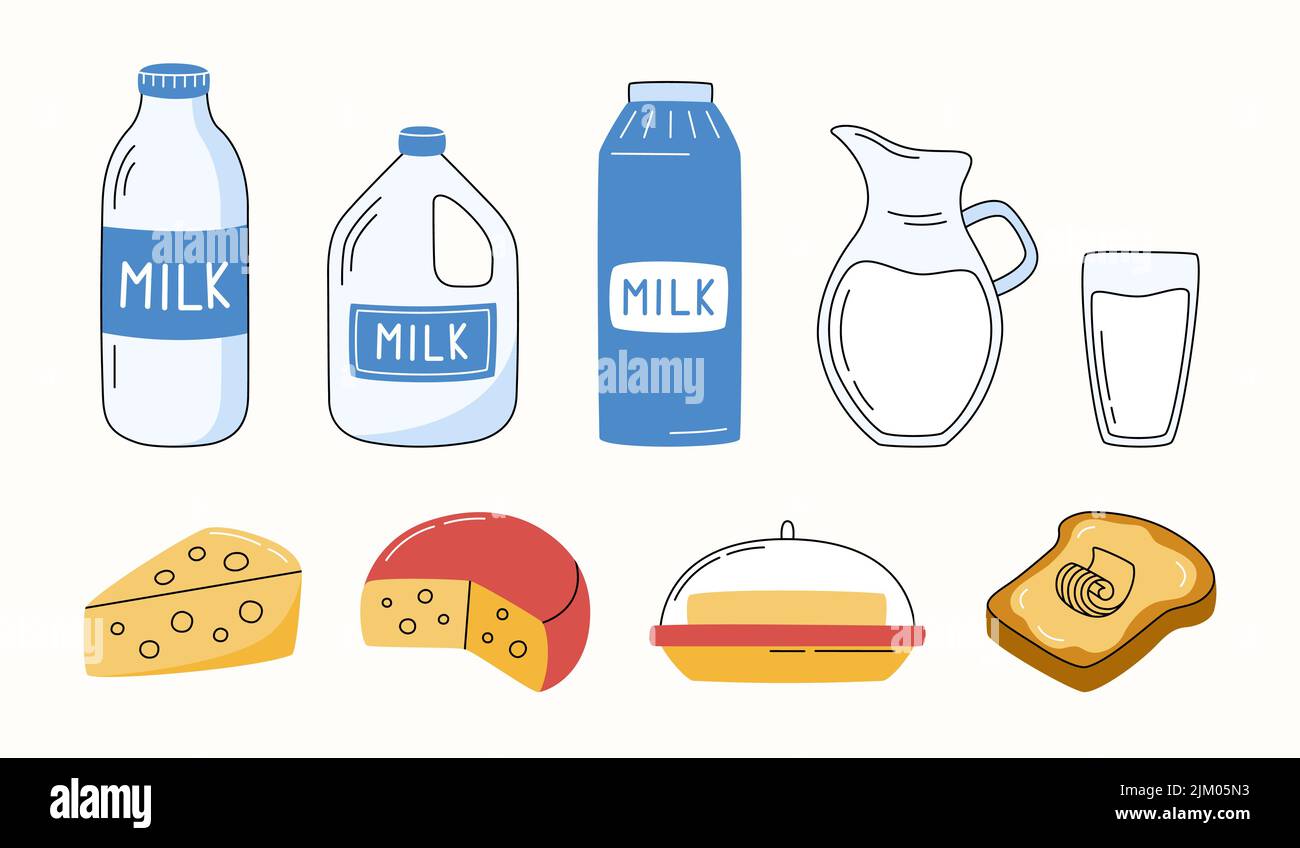 Collezione di latticini e prodotti agricoli in stile piatto. Latte, burro, formaggio, fette di pane. Illustrazione vettoriale. Illustrazione Vettoriale
