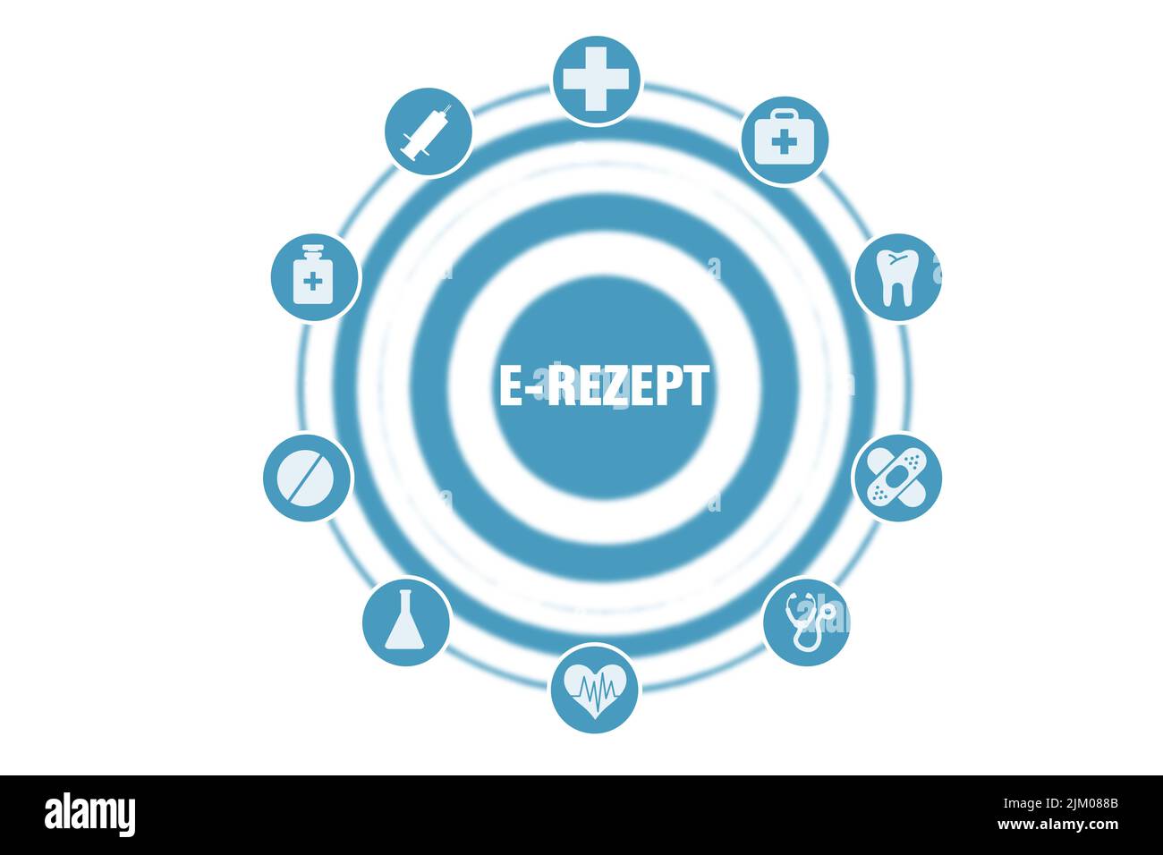 Un'illustrazione della parola tedesca di e-prescription al centro di un cerchio circondato da icone mediche Foto Stock