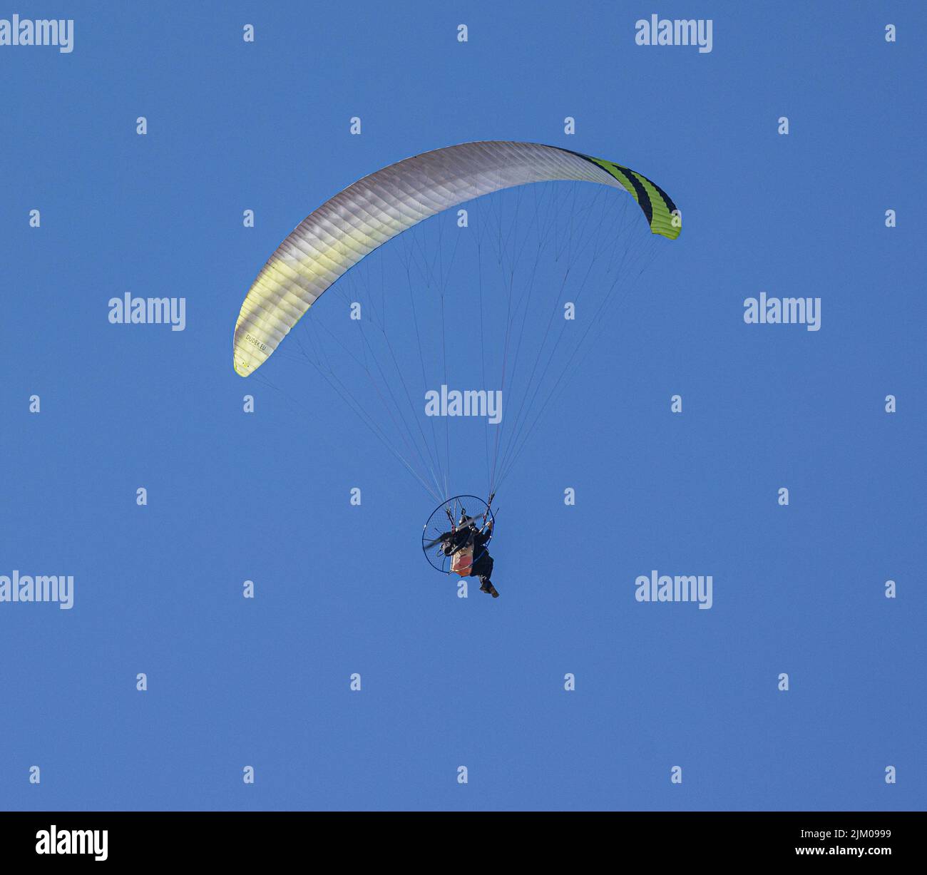 Un tiro a basso angolo di una persona in parapendio in un cielo blu senza nuvole in una giornata di sole Foto Stock