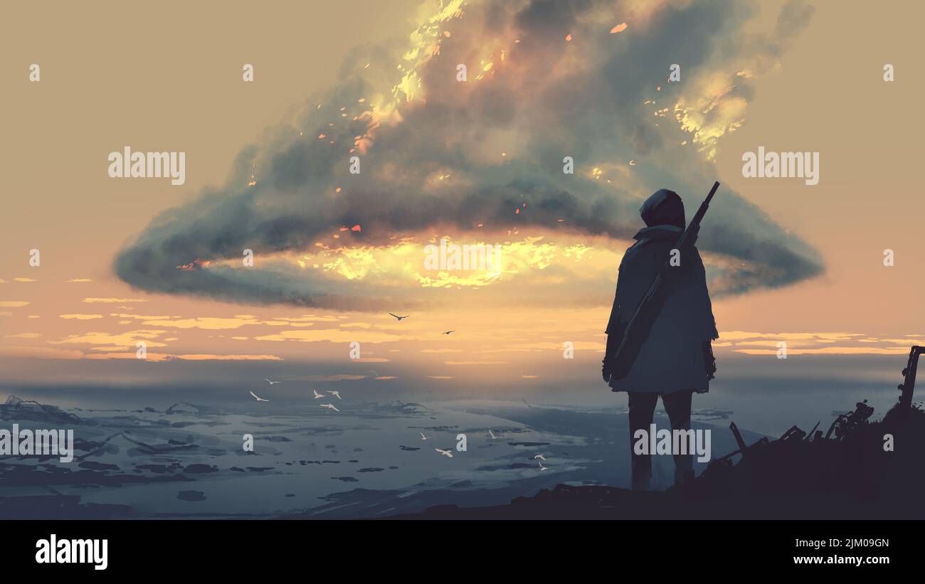 survivor in piedi in cima alla montagna guardando le enormi nuvole in fiamme, lo stile dell'arte digitale, la pittura di illustrazione Foto Stock