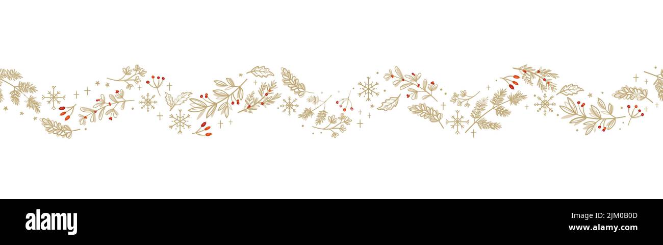 Bella mano disegnata bordi senza giunture orizzontali con rami invernali, disegno di Natale, grande per decorazioni, stampe, carte - disegno vettoriale Illustrazione Vettoriale