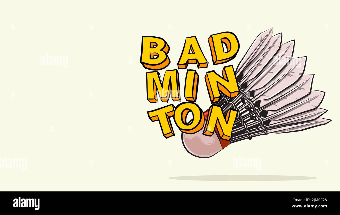 shuttlechock con badminton 3d testo. cartoon disegnato a mano modello di illustrazione vettoriale Illustrazione Vettoriale