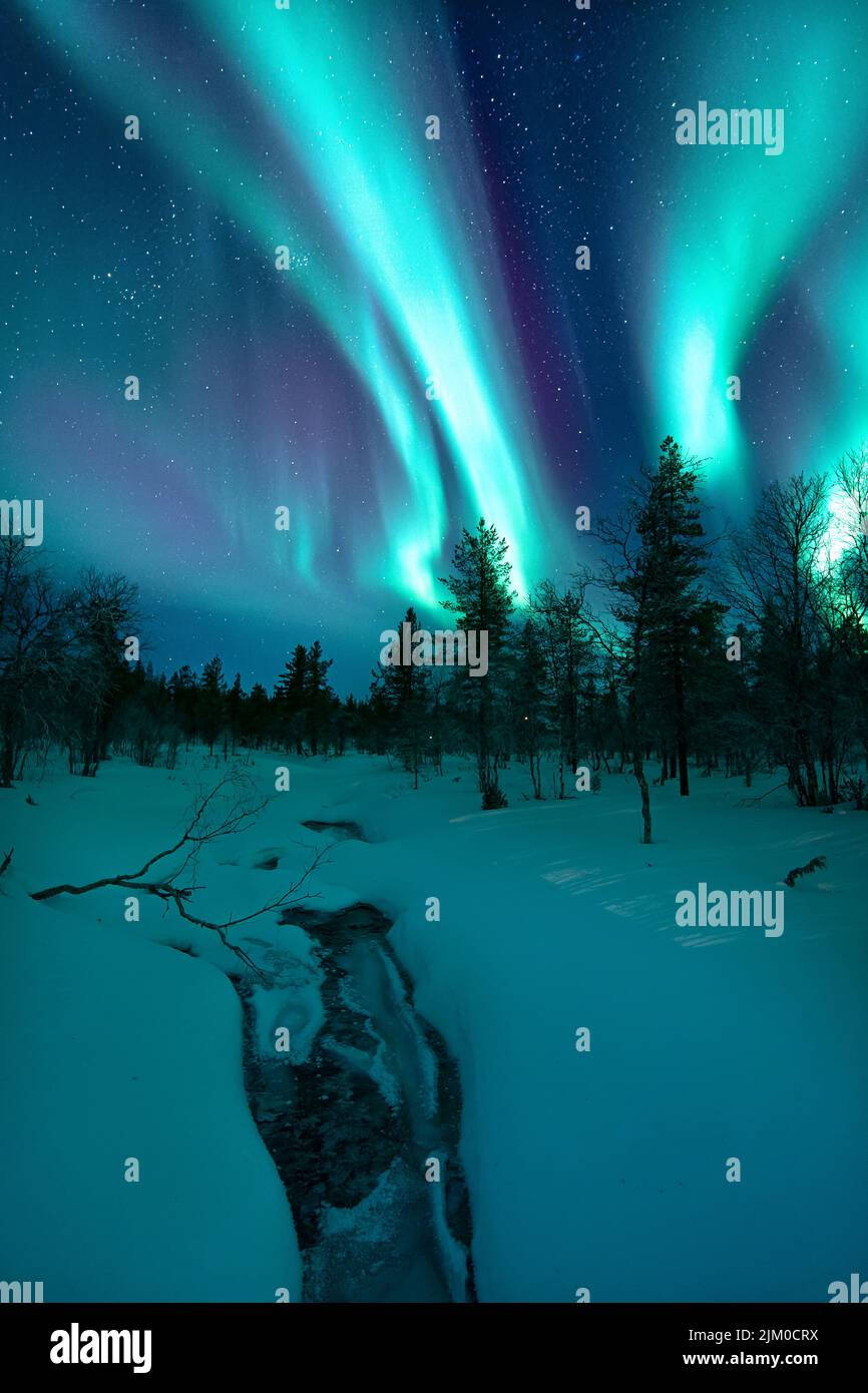 Uno scatto verticale delle colorate luci del Nord nel cielo in una zona rurale Foto Stock