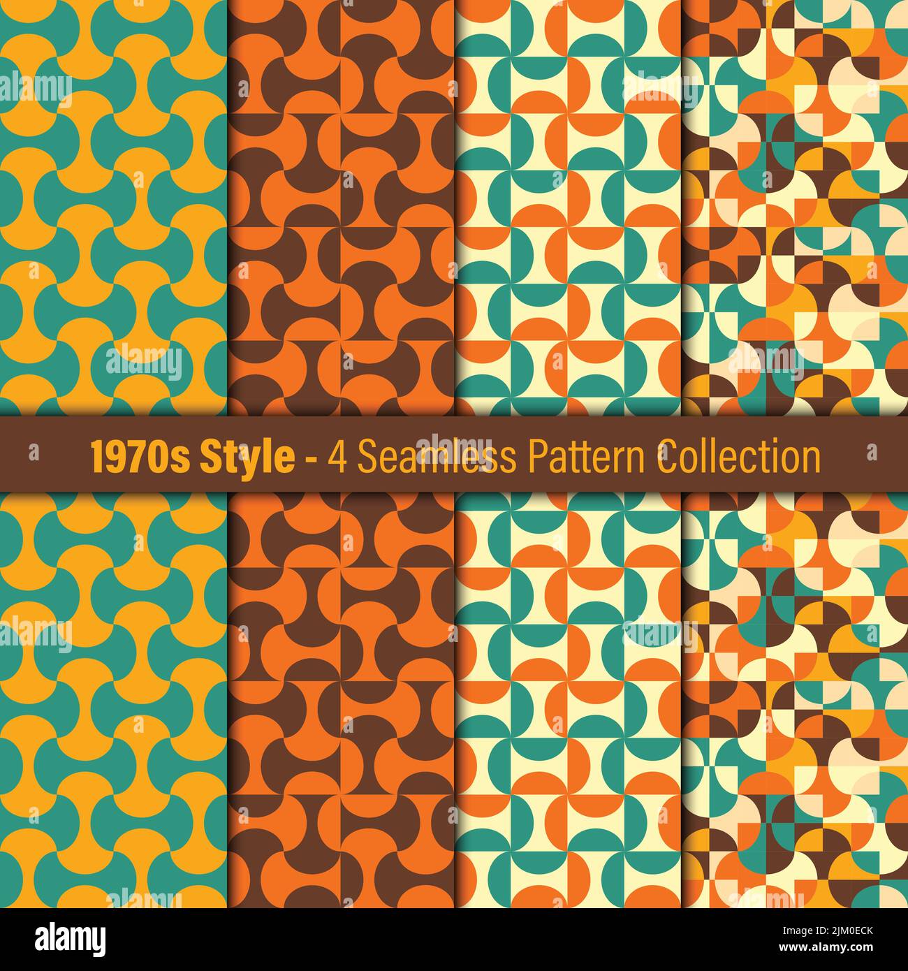 Set di 4 motivi geometrici e colorati. design in stile 1970s. Disegno geometrico. Colori vivaci. Schema colore vintage. Illustrazione Vettoriale
