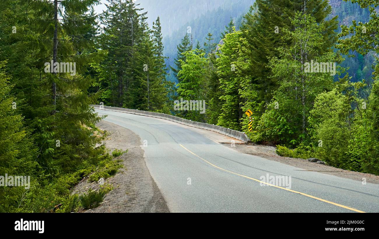 Vista di un'autostrada remota della costa occidentale mentre si snoda attraverso la splendida foresta. Foto Stock