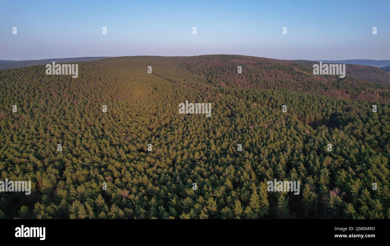 Una vista a volo d'uccello sulle colline ricoperte di foreste in una giornata di sole in Baviera, Germania Foto Stock