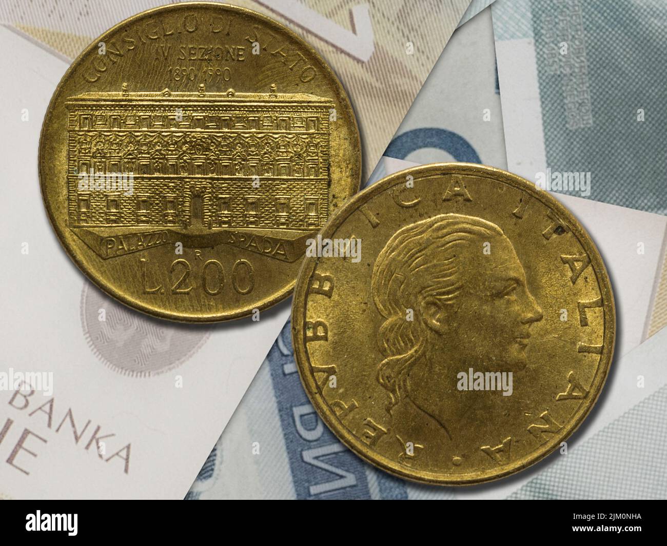 Lira italiana: Monete obverse e verse. Vecchia valuta della Repubblica d'Italia. Concetto finanziario Foto Stock
