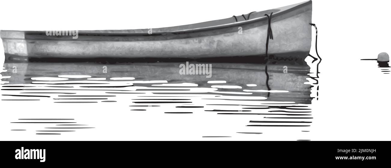Acque calme che lambiscono una barca da pesca ormeggiata in una baia. Illustrazione Vettoriale