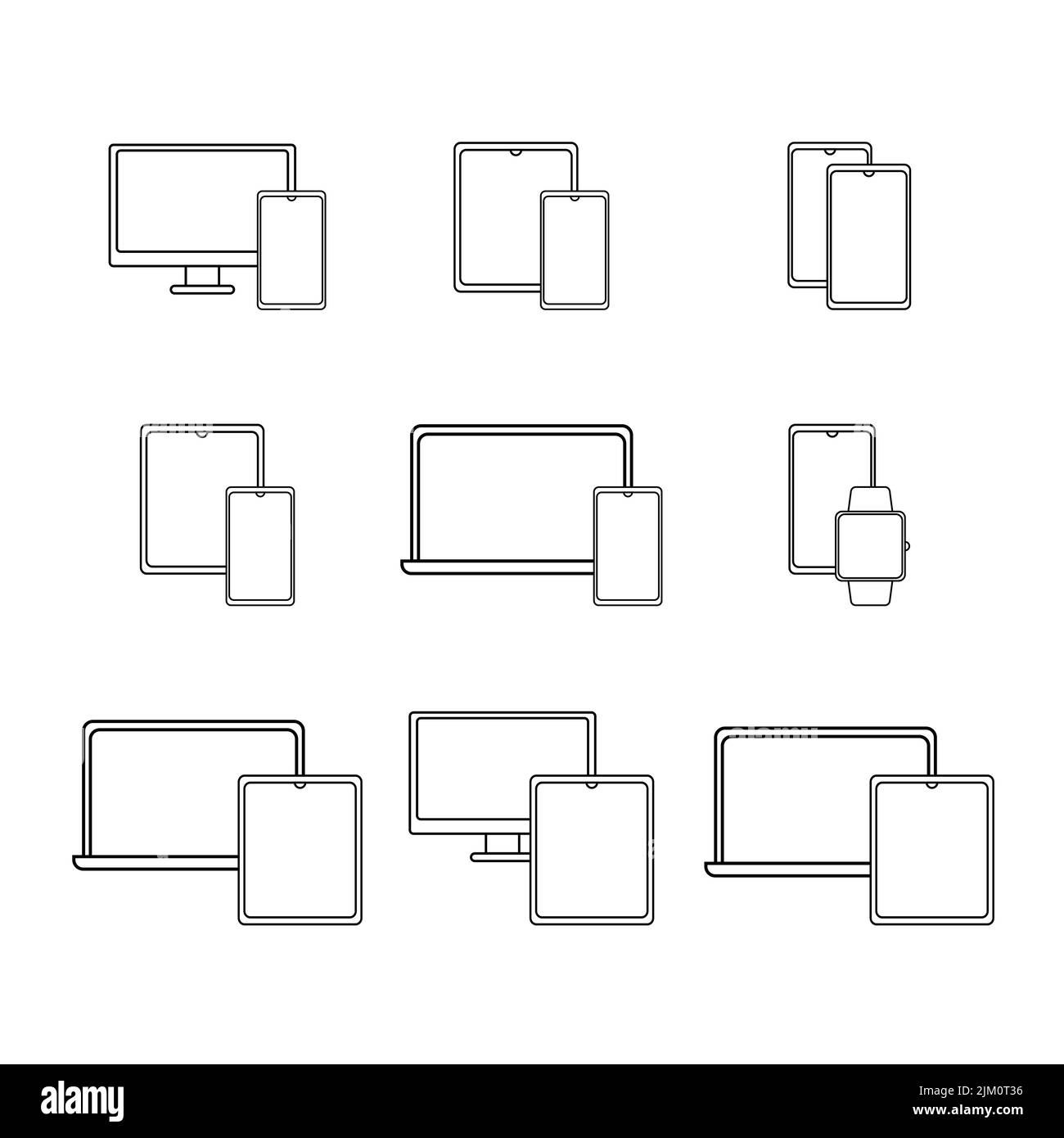Icone di linea dei dispositivi elettronici. Illustrazione Vettoriale