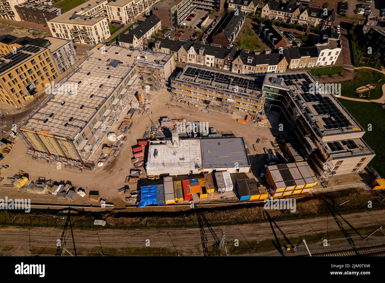 Panoramica aerea del sito di costruzione a Zutphen di investimenti immobiliari e mercato immobiliare sociale costruzione collettiva progetto Ubuntuplein. Foto Stock
