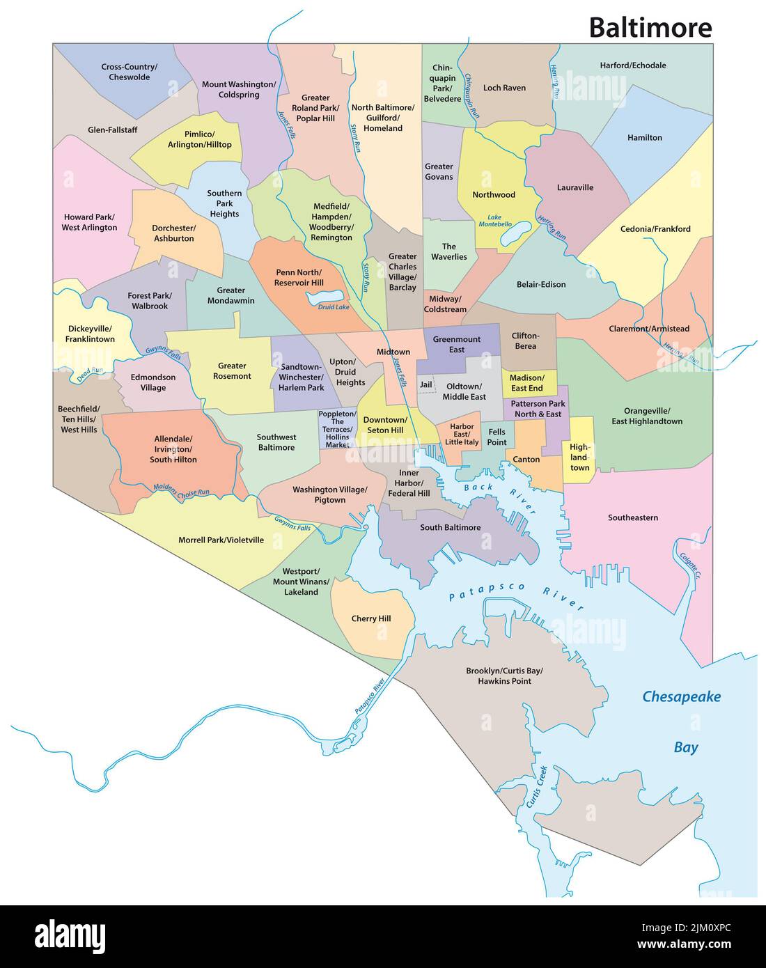 Mappa vettoriale amministrativa della città di Baltimora, Maryland, Stati Uniti Foto Stock