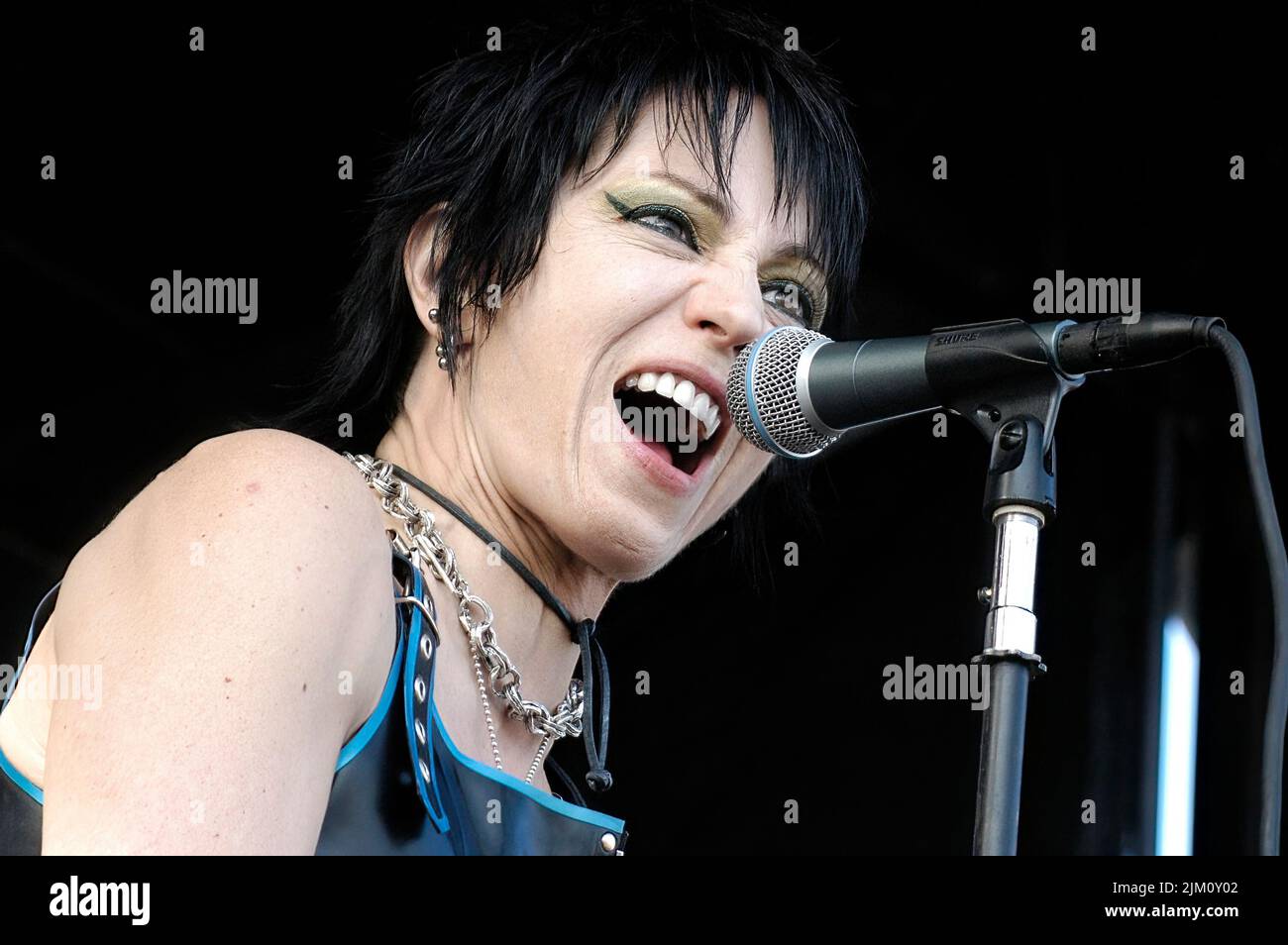 Un primo piano di Joan Jett che si esibisce al Main Stage of the Vans Warped Tour in Ventura California Foto Stock