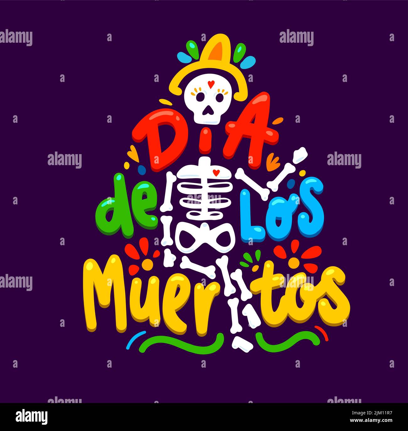 Dia de Los Muertos. Striscione cartoon messicano con scheletro. Giorno della festa di festa morta, messicano dia de Los Muertos vettore sfondo con umano divertente Illustrazione Vettoriale