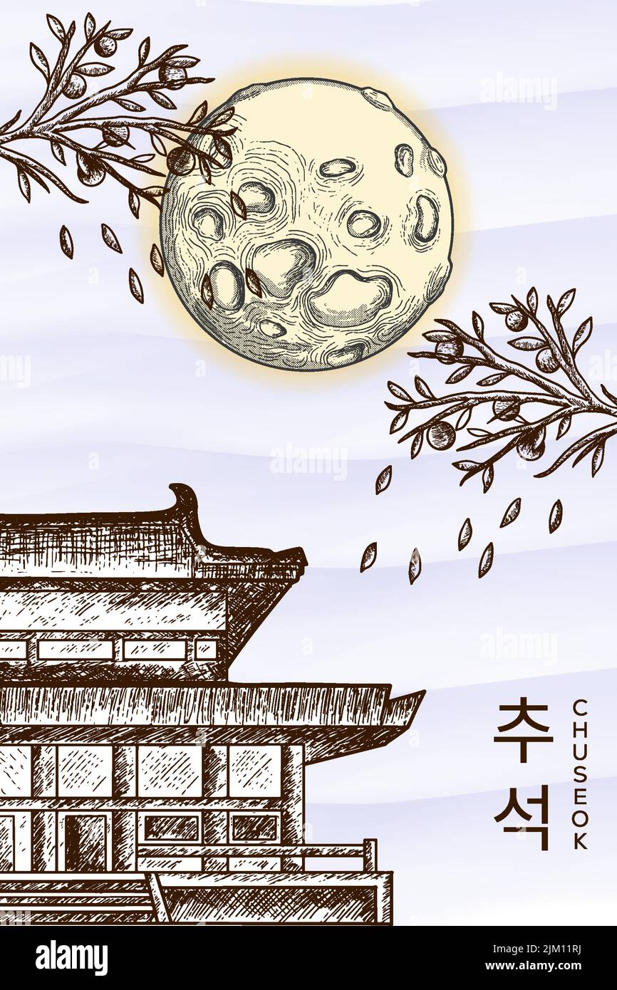 il poster verticale di korea chuseok disegnato a mano con il palazzo della corea appare a mezza luna e piena Illustrazione Vettoriale