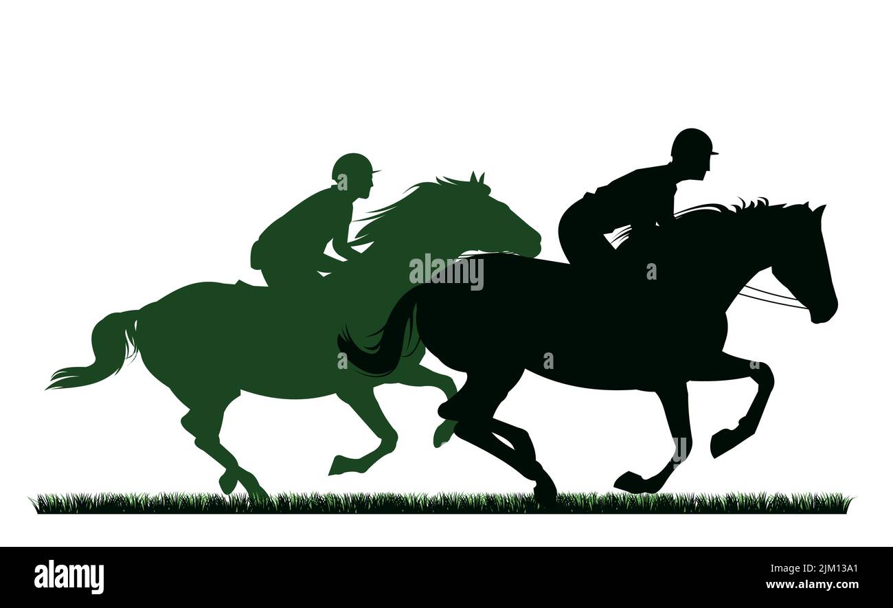 Concorso di jockey. I cavalli cavalcano velocemente. Silhouette dell'immagine. Sport e animali domestici sportivi. Isolato su sfondo bianco. Vettore Illustrazione Vettoriale