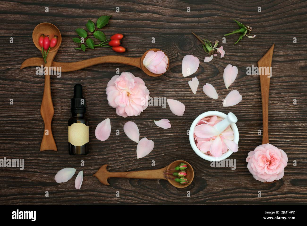 Fiori di rosa per aromatherapy la preparazione essenziale dell'olio e le rosee per la medicina naturale delle piante di erbe. Medicina alternativa naturale e flora commestibile. Foto Stock