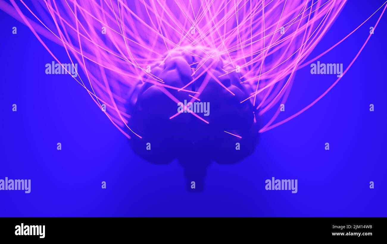 Cervello con molti fili collegati. Concetto di cyberpunk metaverse. Collegamento futuristico del neurone. 3d rappresentazione illustrazione Foto Stock