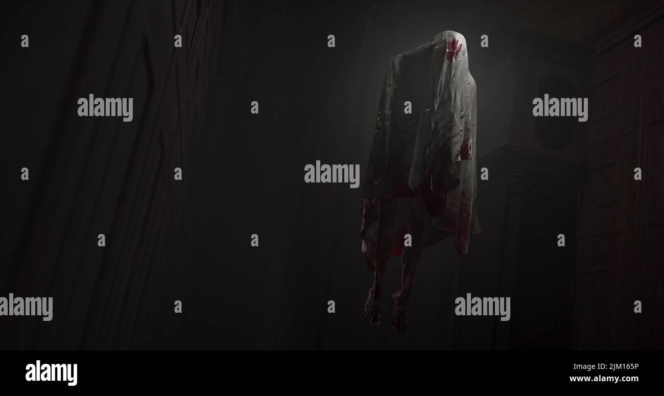 Immagine del fantasma in movimento e degli edifici su sfondo nero Foto Stock