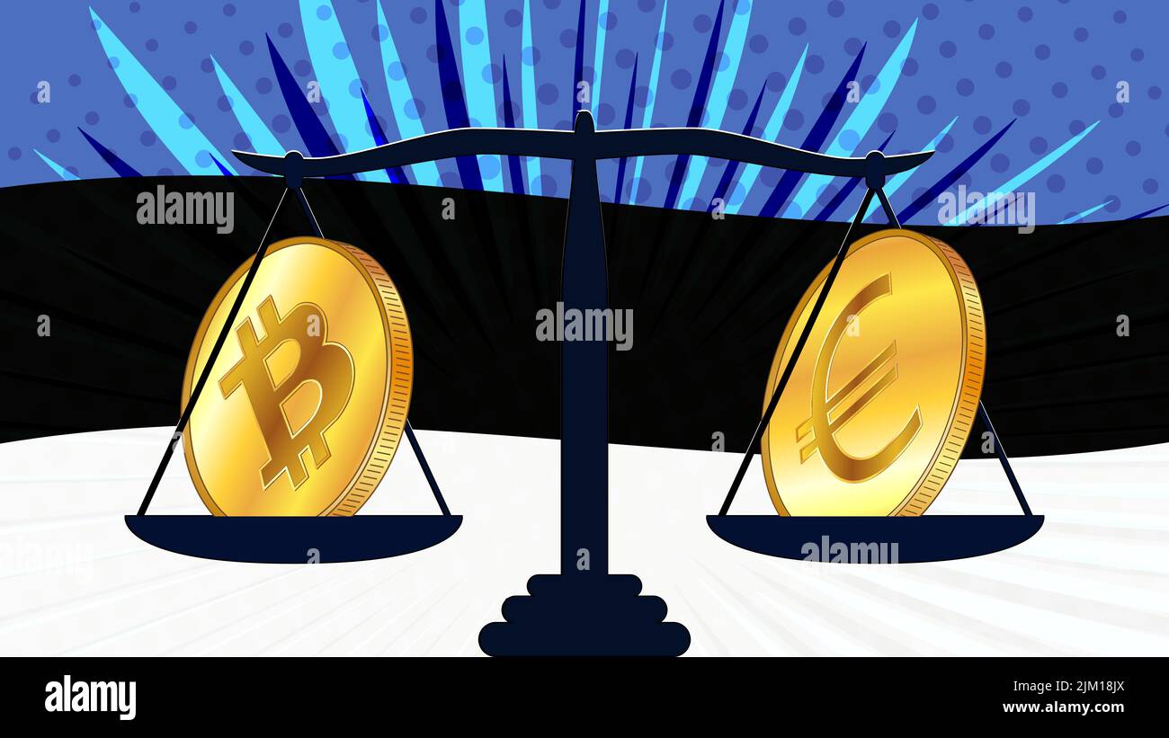 Moneta d'oro di Bitcoin BTC ed euro EUR su scale e bandiera colorata dell'Estonia sullo sfondo. La Banca centrale di Estonia adotta leggi sui beni digitali CBDC. Illustrazione Vettoriale