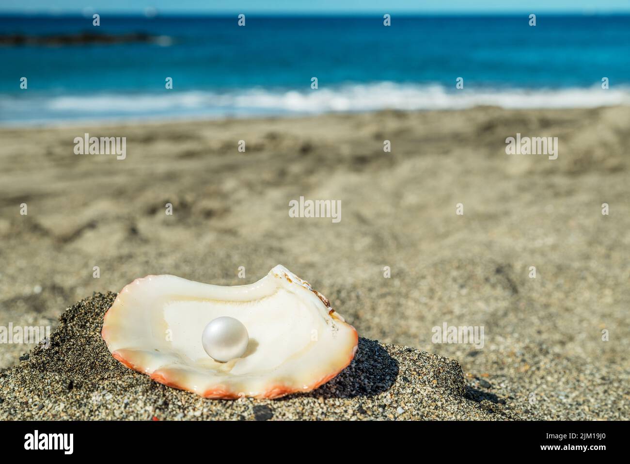 Bella perla nella conchiglia della perla sulla spiaggia di sabbia. Mare e cielo blu. Foto Stock