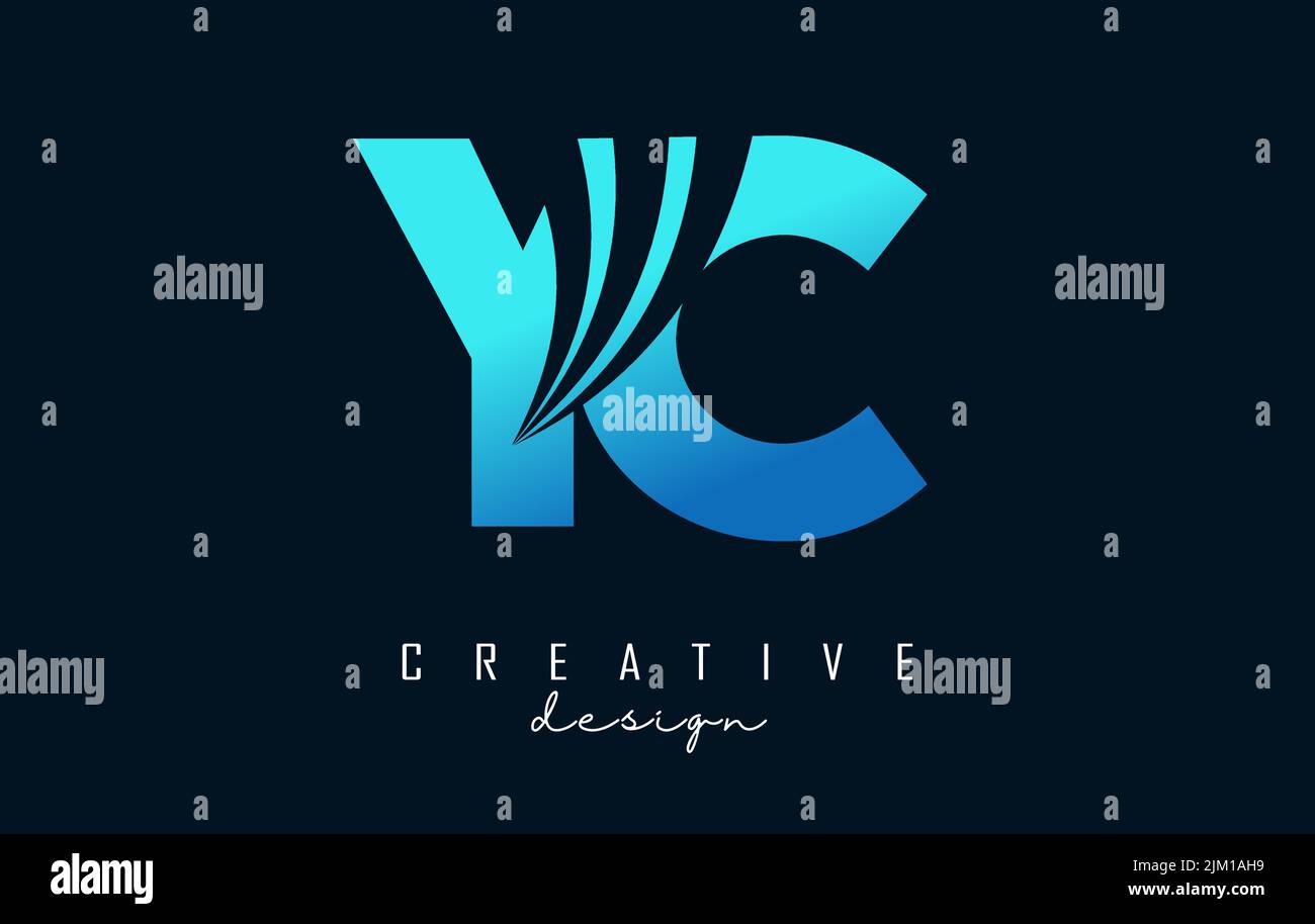 Logo Yc y c con lettere blu creative con linee di punta e design di concetto stradale. Lettere con disegno geometrico. Illustrazione vettoriale con lettera e creati Illustrazione Vettoriale
