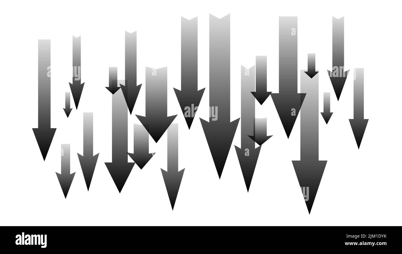 Un sacco di frecce nere incrociate che puntano verso il basso isolate su sfondo bianco. Simbolo di calo del mercato o dell'economia. Illustrazione vettoriale. Illustrazione Vettoriale