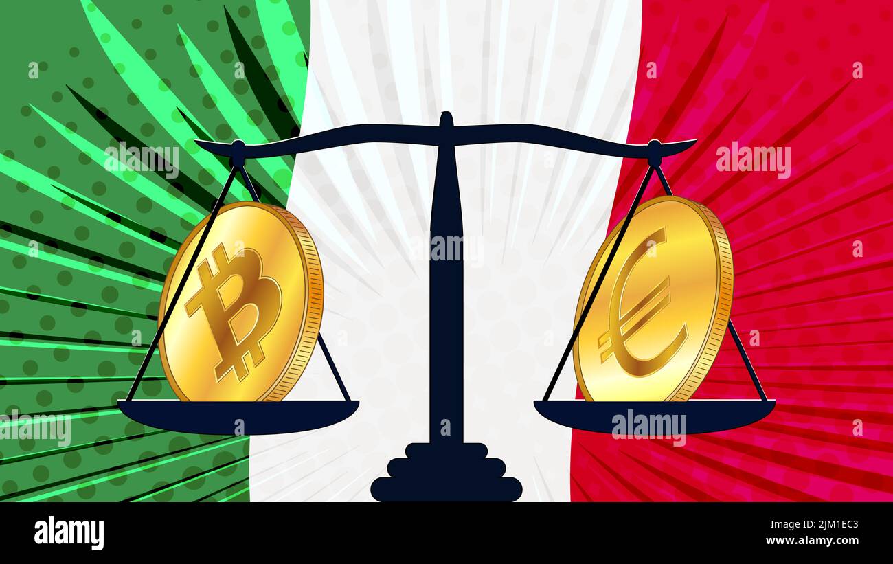 Moneta d'oro di Bitcoin BTC ed Euro EUR su scala e bandiera colorata d'Italia sullo sfondo. La Banca Centrale d'Italia adotta leggi sui beni digitali CBDC. VEC Illustrazione Vettoriale