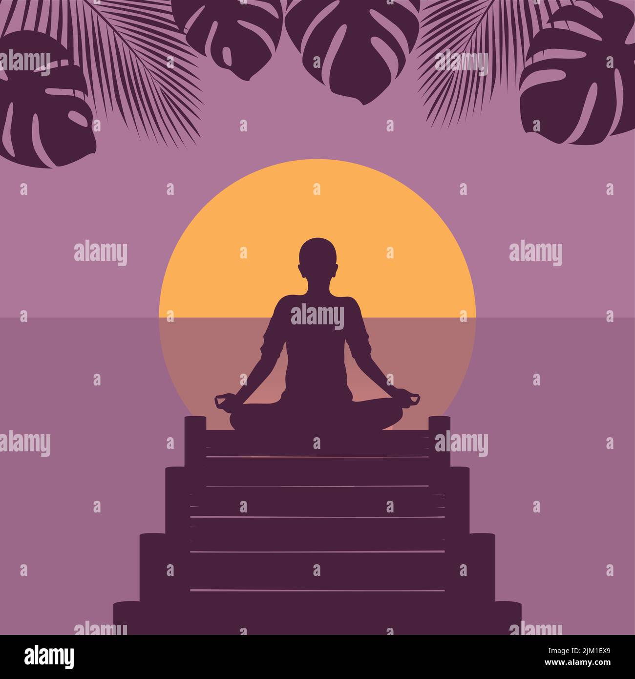 la silhouette della persona media su un ponte vicino al paesaggio tropicale delle palme del lago Illustrazione Vettoriale