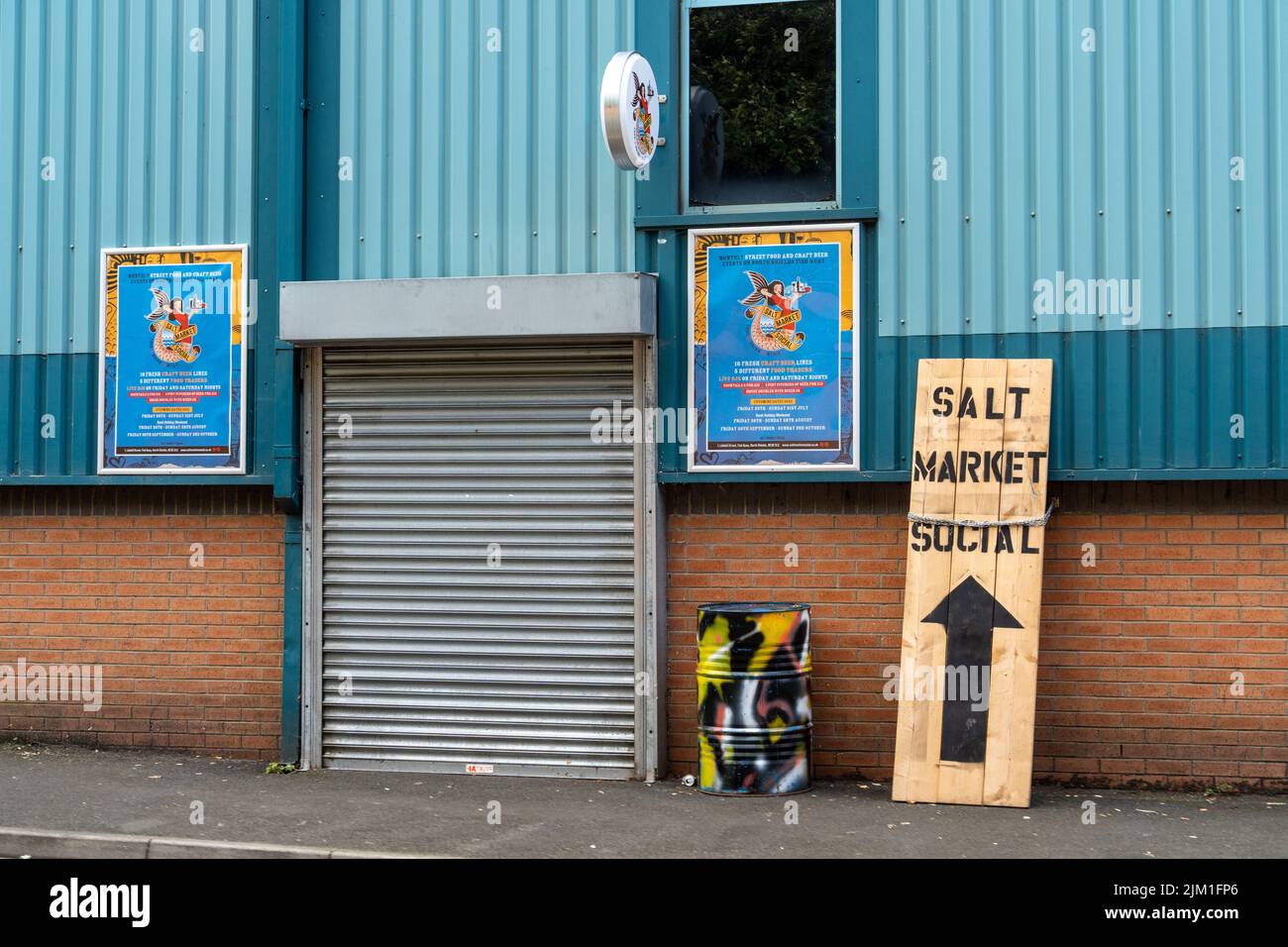 Ingresso al Salt Market Social di North Shields, North Tyneside, Regno Unito, un luogo speciale per eventi di Street food in un magazzino convertito. Foto Stock