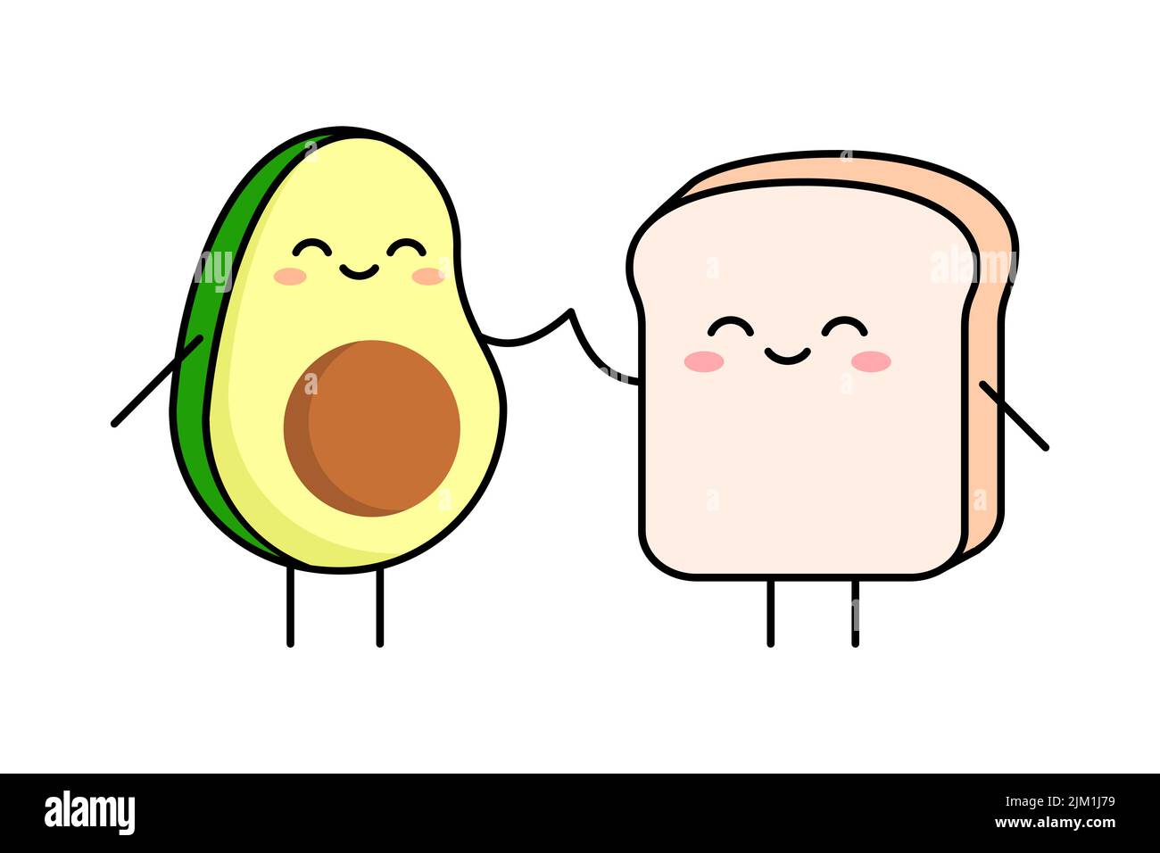 Colazione con toast all'avocado. Migliori amici per sempre, BFF. Toast e avocado tenere le mani. Buon fumetto cibo personaggi. Concetto di cibo sano. Vettore Illustrazione Vettoriale