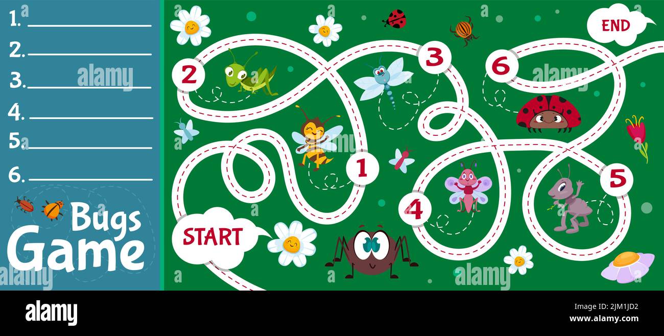 Gioco da tavolo in stile piatto per bambini. Gioco da tavolo per bambini con mappa verde, passi di gioco, ratto e finitura, fiori, insetti, illustrazione vettoriale di ladybugs e cavallette. Illustrazione Vettoriale