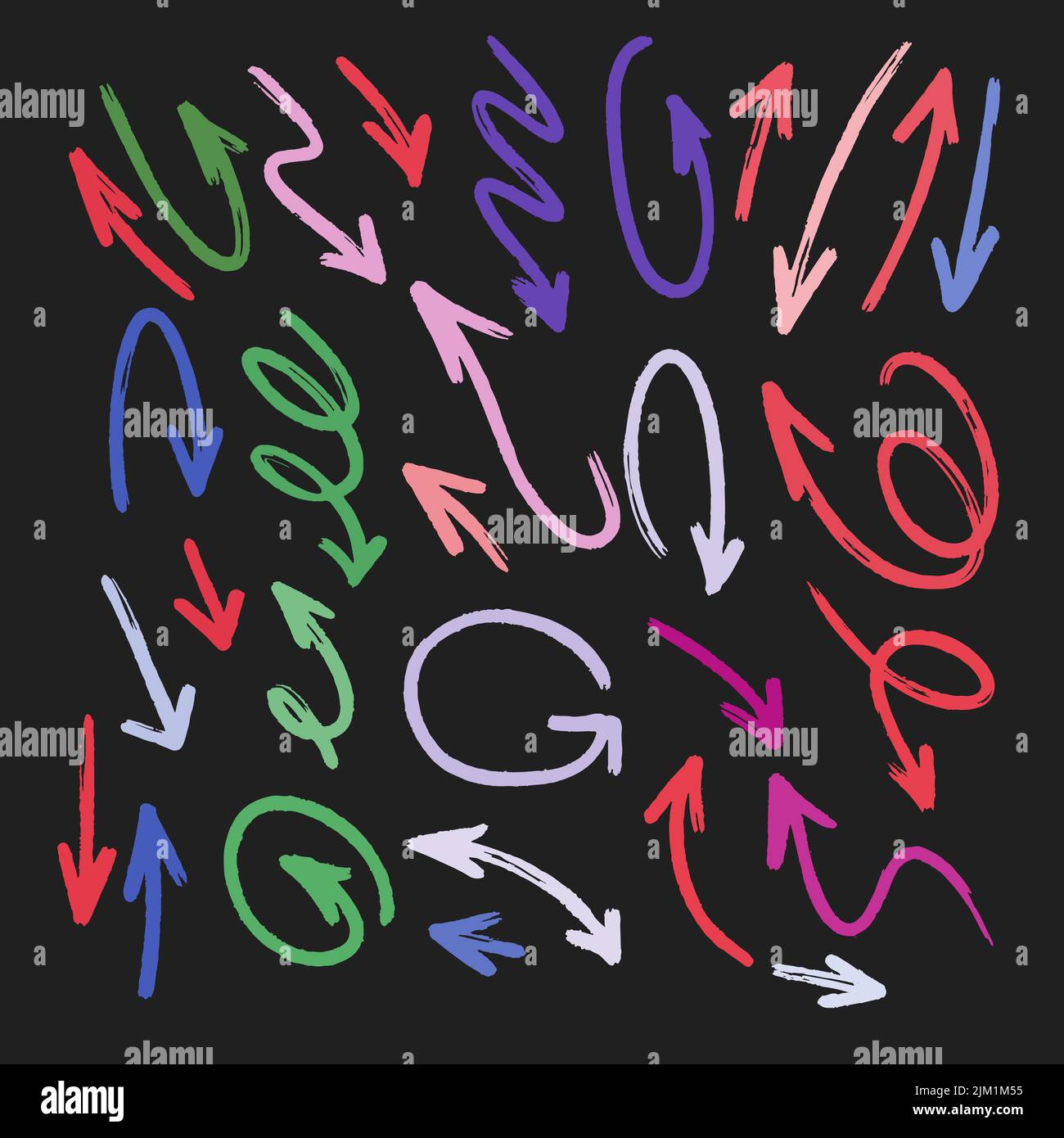 Frecce, forme e colori diversi, infografie, segni e simboli disegnati con un pennello, stile scarabocchio Illustrazione Vettoriale