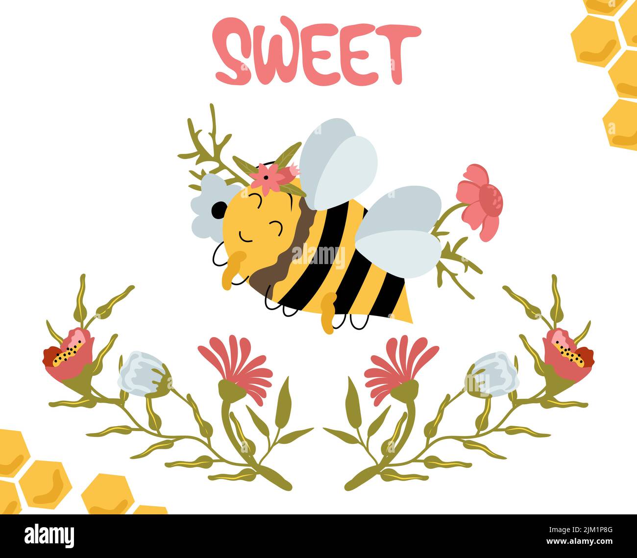 Ape felice di miele con fiori selvatici. Scritte dolci, foglie, fiori, erbe aromatiche. Composizione per il vostro marchio, logo, etichetta, banner, cartolina. Illustrazione vettoriale. Illustrazione Vettoriale
