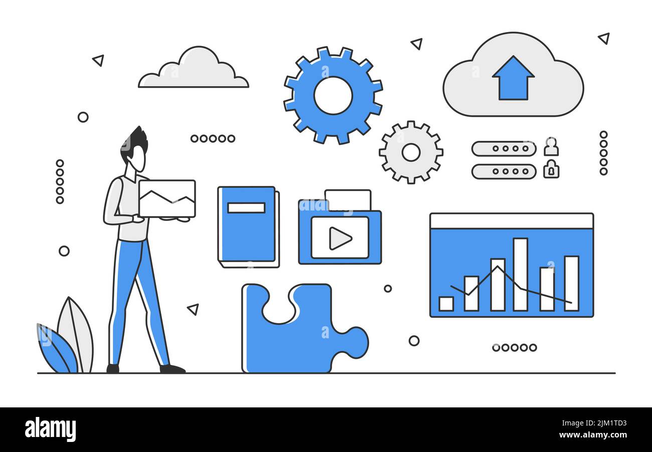 Accesso allo storage basato su tecnologia di database. Informazioni basate su cloud, illustrazione monocolore vettoriale dei big data center Illustrazione Vettoriale