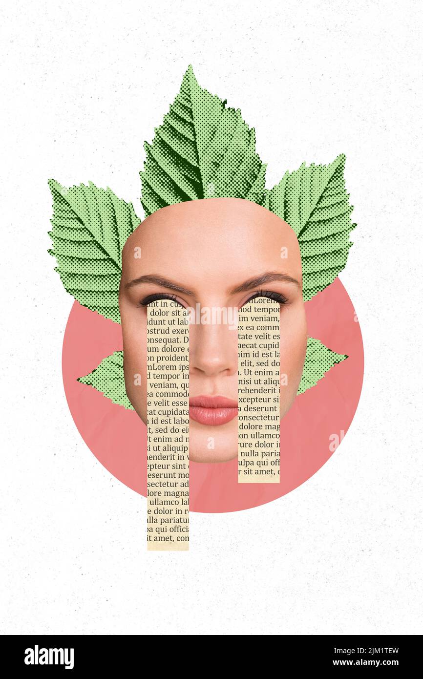 Immagine di collage composito verticale della ragazza faccia libro pagina testo pezzi occhi gig foglia isolato su sfondo creativo Foto Stock