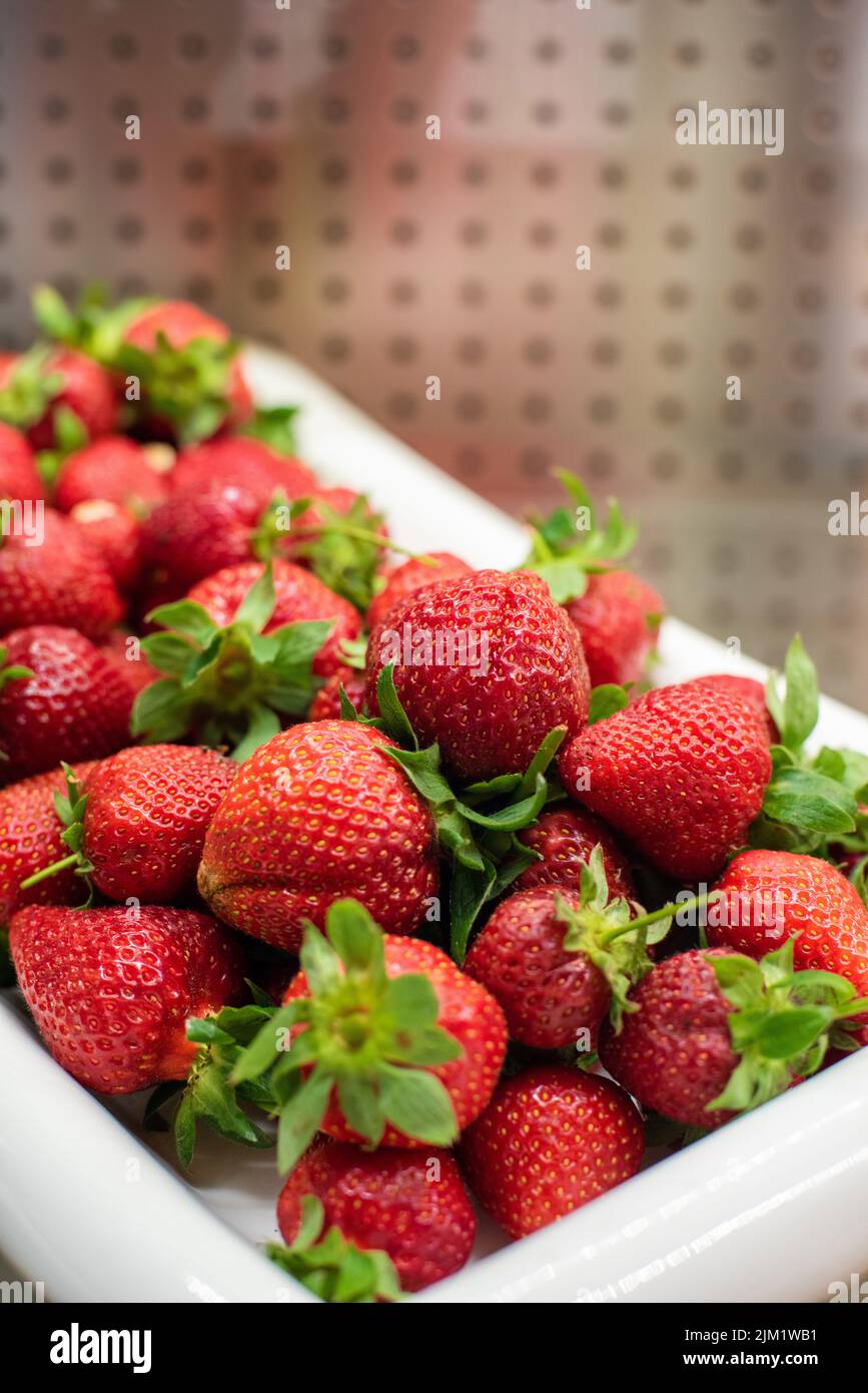 Fragole fresche biologiche in una ciotola di porcellana bianca Foto Stock