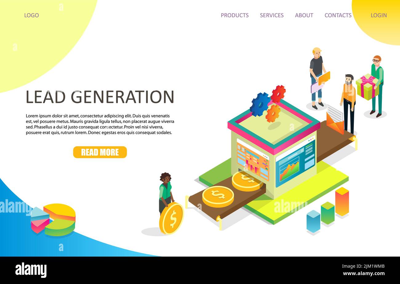 Modello di sito Web per la landing page di lead generation. Illustrazione isometrica vettoriale. Gestione dei lead, imbuto degli acquisti, concetto di conversione. Illustrazione Vettoriale