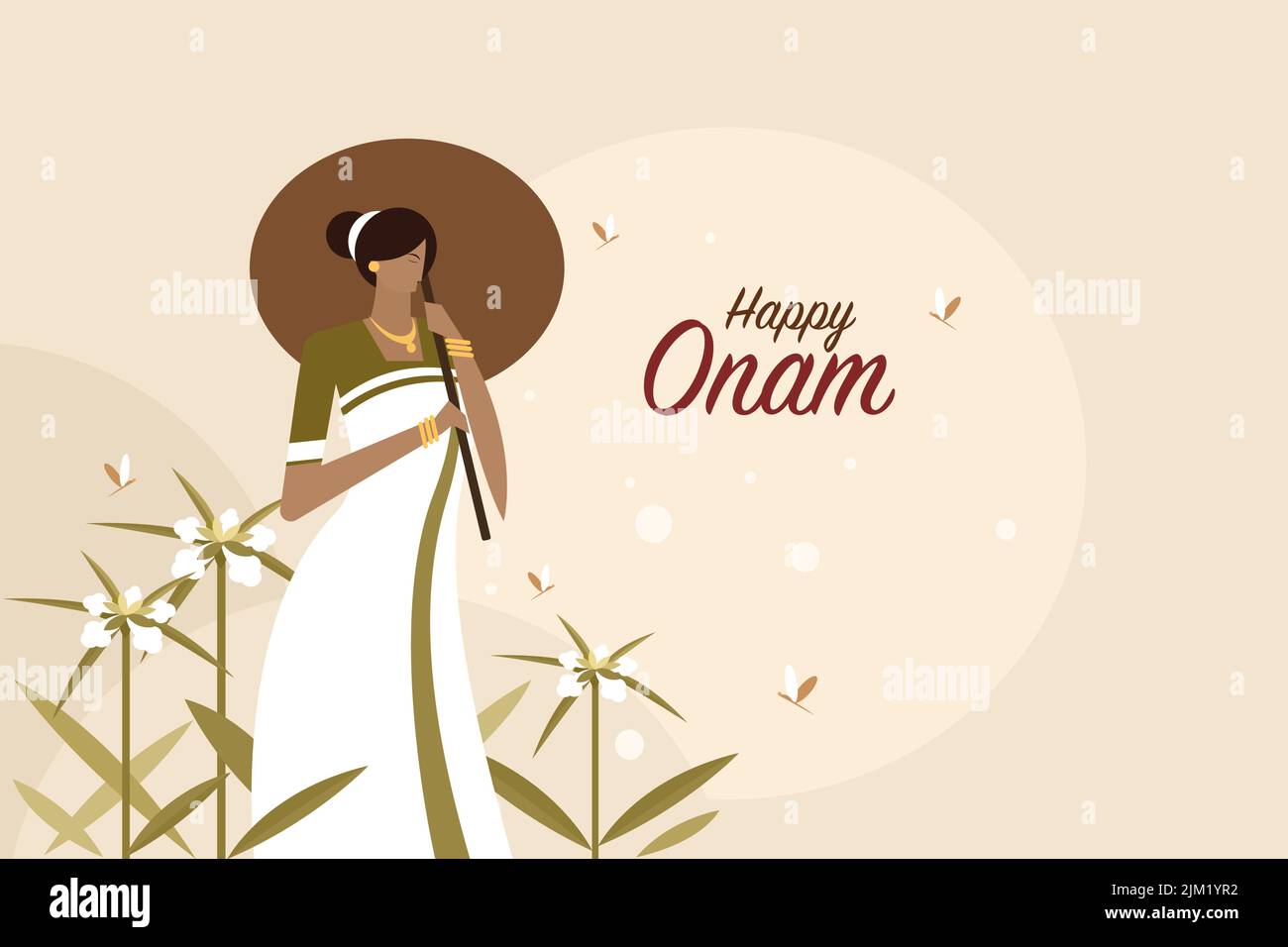 Illustrazione di una donna in vestito tradizionale con un ombrello. Concetto di festival Onam in Kerala Illustrazione Vettoriale