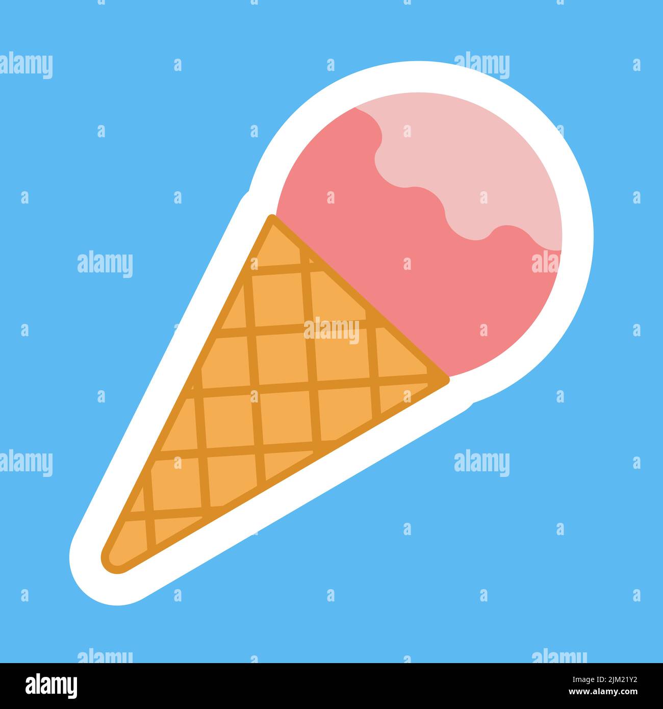 Cucchiaio di frutta di gelato in un'icona adesiva a forma di cono di waffle Illustrazione Vettoriale