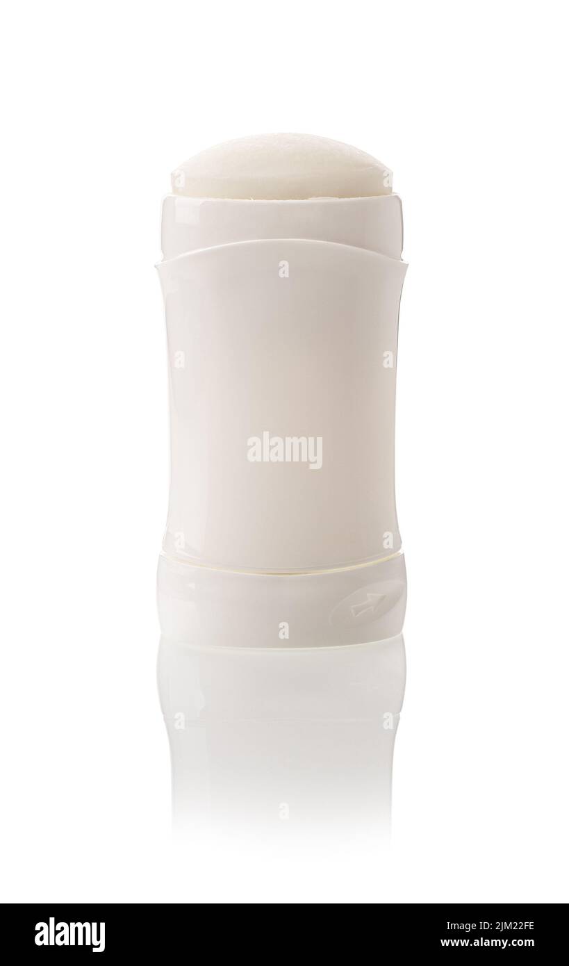 Tubo deodorante solido isolato su sfondo bianco. Ritagliare il bastoncino antitraspirante mockup in un contenitore bianco. Cura del corpo, purezza, prodotti da bagno biologici Foto Stock
