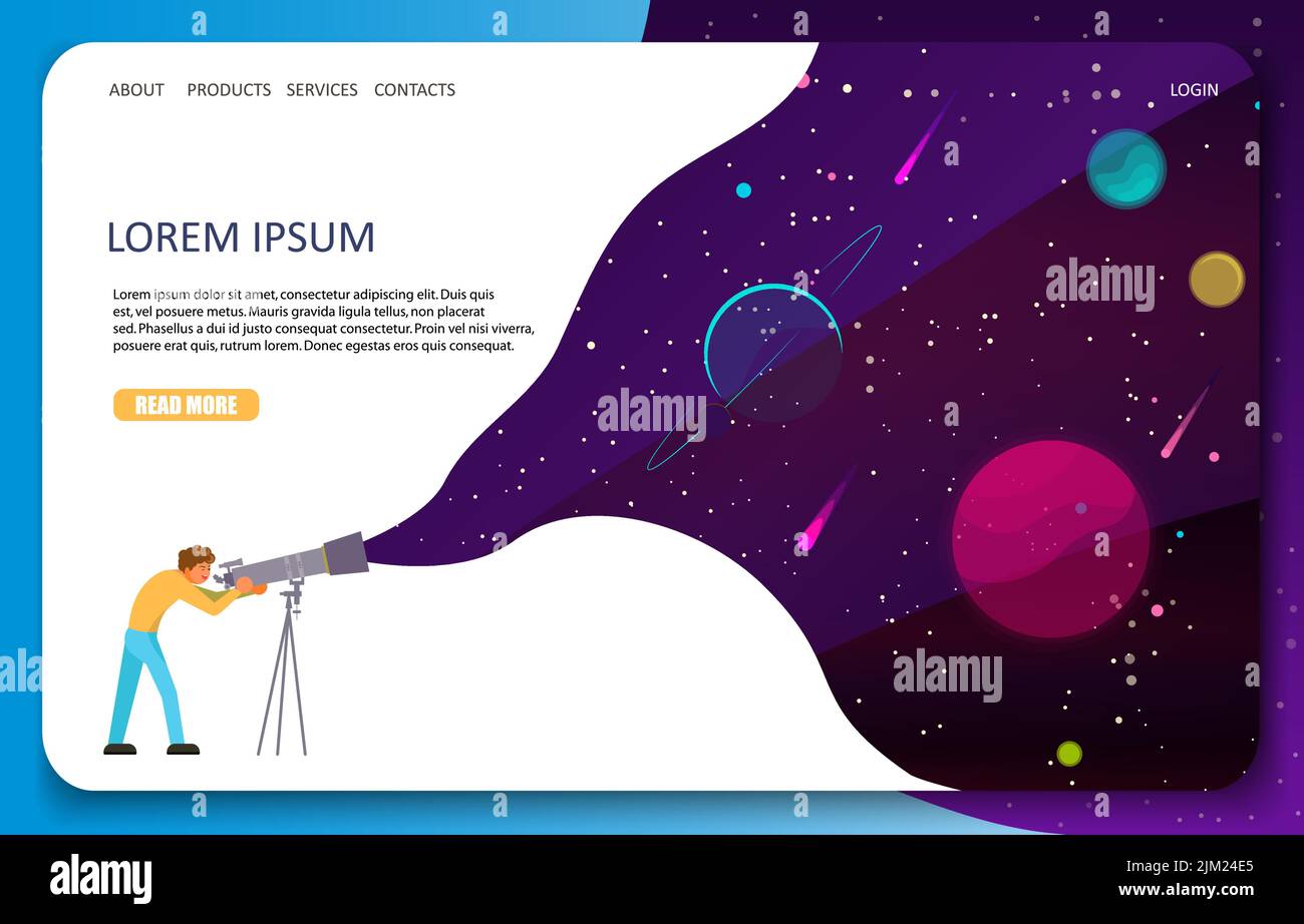 Modello banner Web spazio. Illustrazione vettoriale dell'uomo che vede stelle, pianeti che usano il telescopio ottico. Concetto di scienza astronomica. Illustrazione Vettoriale