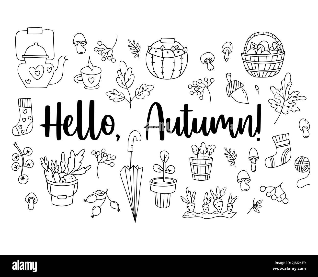 Ciao autunno set spaghetti a mano. Cestino di vimini con funghi, raccolta di verdure, un acorno e funghi, flowerpot e un ombrello, teiera con tazza e un Illustrazione Vettoriale