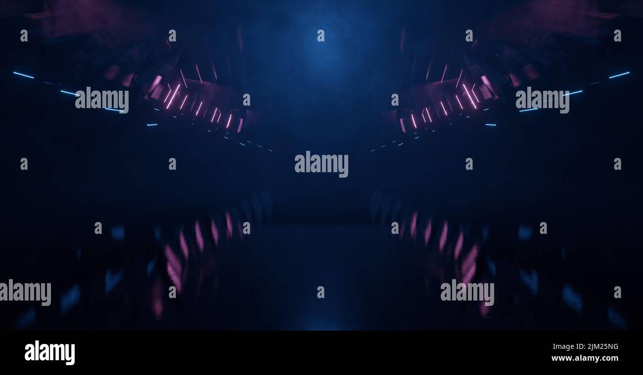 Fantasia cemento cemento cemento fantascienza futuristica Cyber Neon laser elettrico luci tunnel corridoio Dark Spaceship sotterraneo Dark Smoke Purple Geomet Foto Stock