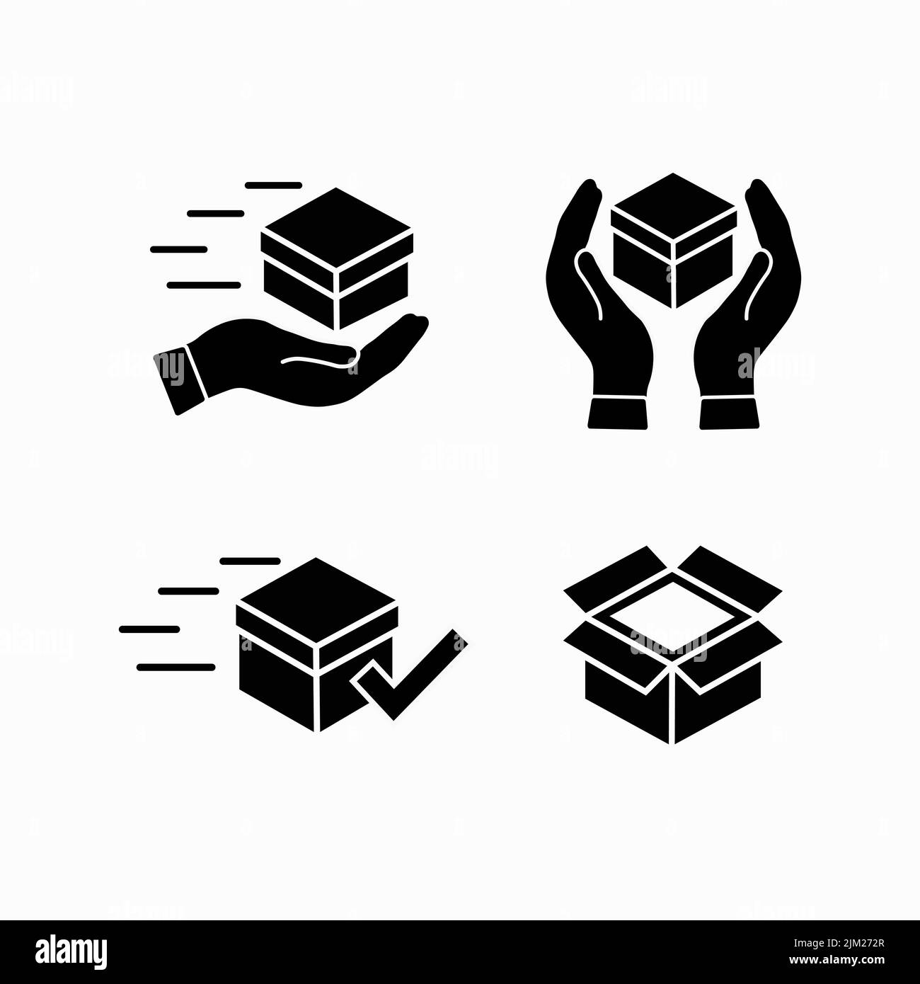 Icone della linea di riquadro. Confezione, scatole di consegna, scatola di carico. Distribuzione del carico, scatole di esportazione, icone di restituzione dei pacchi. Spedizione merci, acquisto container, aperto Illustrazione Vettoriale