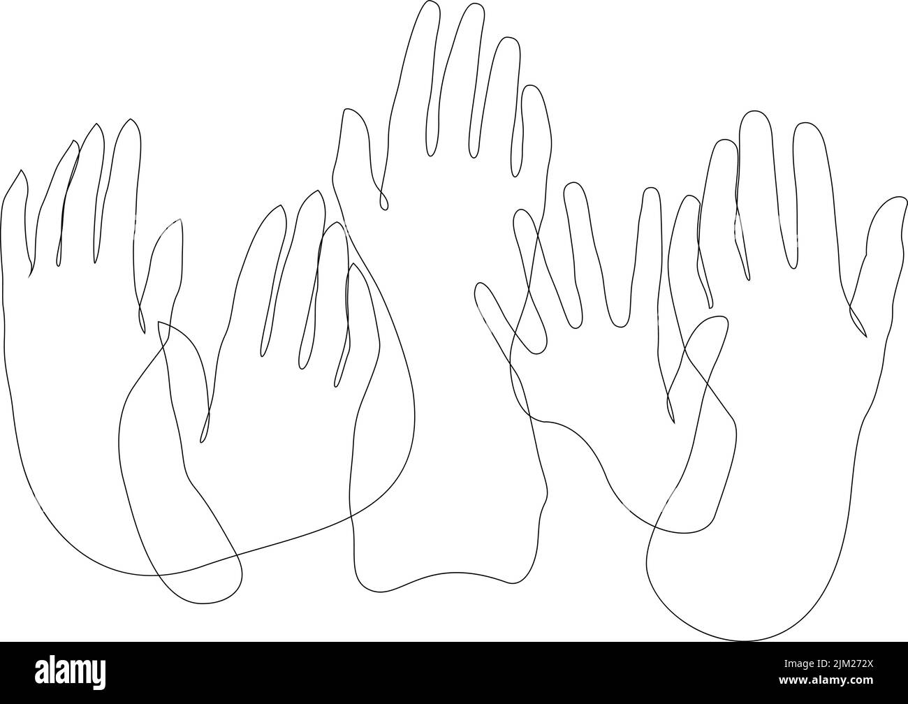 Una sola linea di disegno di gruppo di persone che alzano le mani in aria. Concetto di lavoro del team aziendale. Design grafico moderno a linea continua Illustrazione Vettoriale