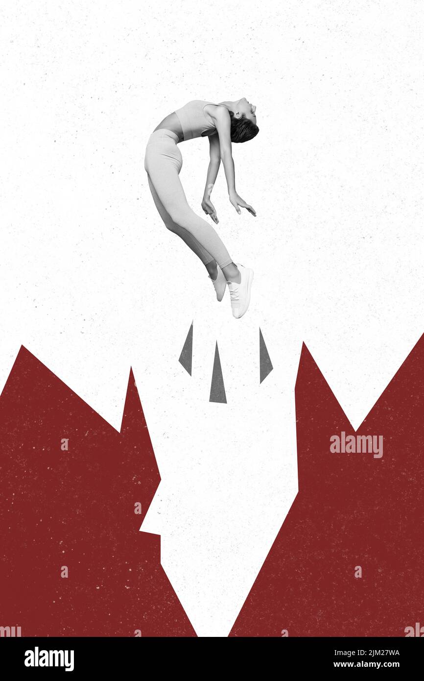 Illustrazione del collage verticale della ragazza volante bianco e nero colori levitate aria isolata su sfondo creativo dipinto Foto Stock