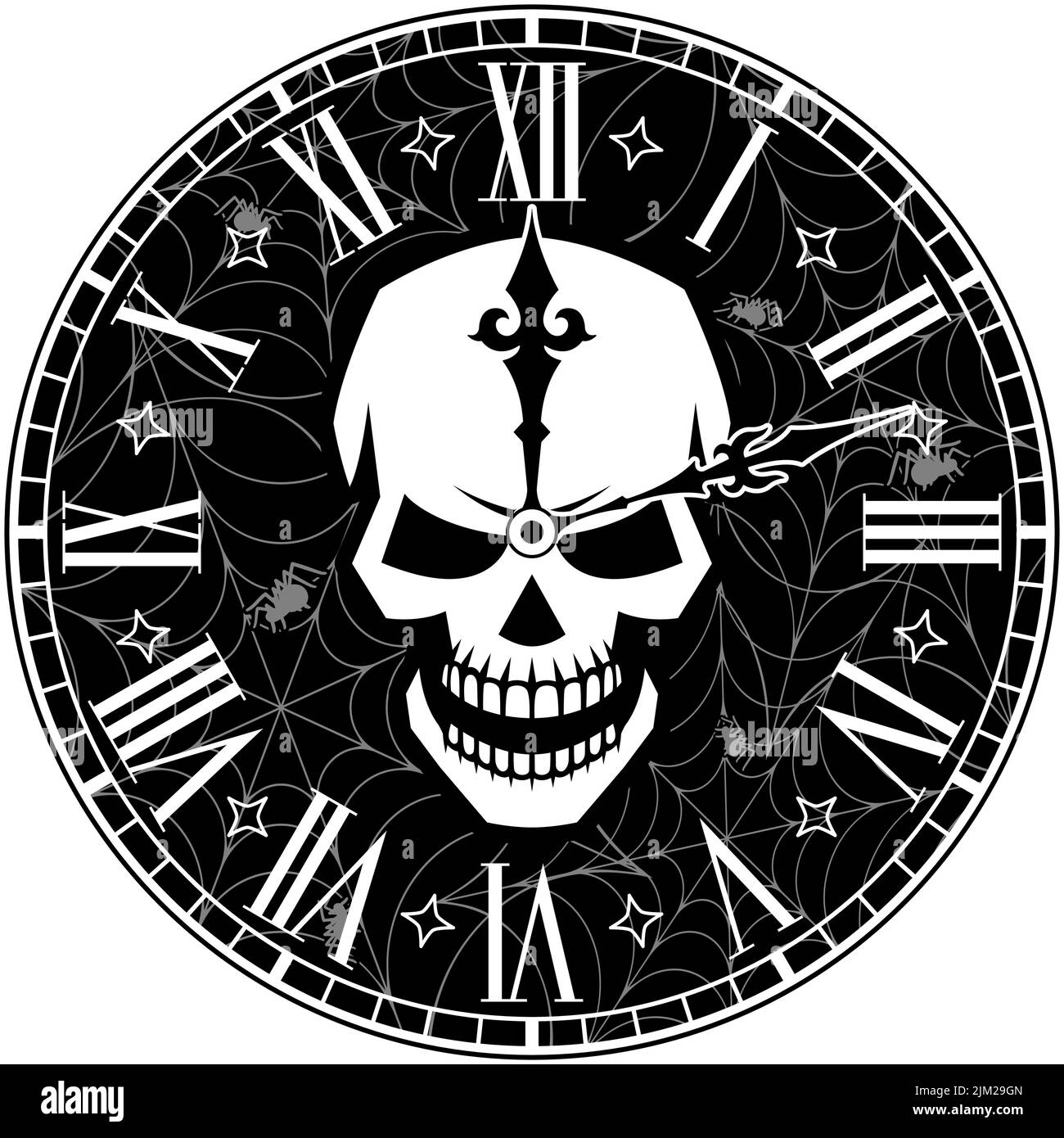 Orologio Gotico con cranio. Immagine vettoriale vintage. Illustrazione Vettoriale