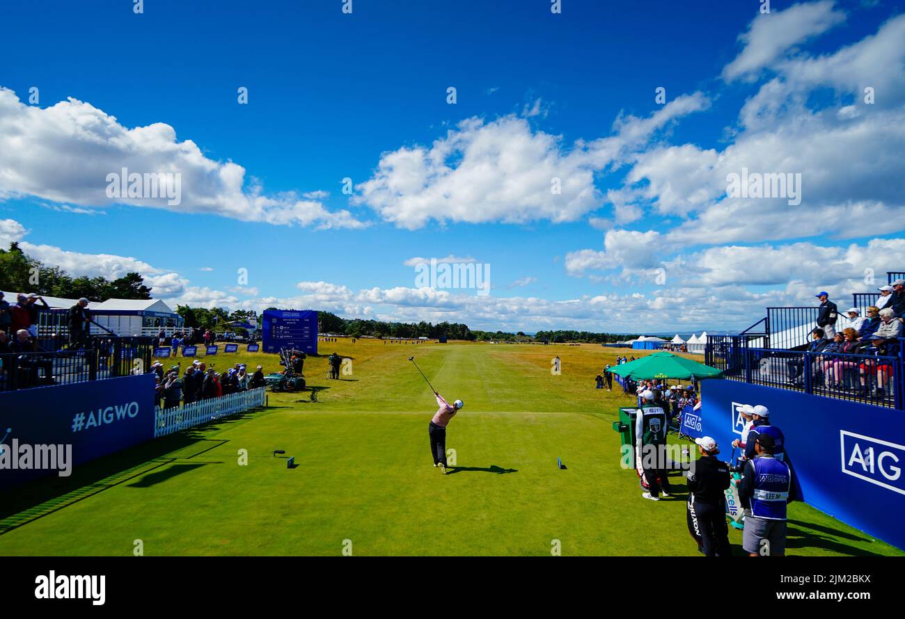 Gullane, Scozia, Regno Unito. 4th agosto 2022. Apertura del campionato AIG Women’s Open di golf a Muirfield in East Lothian. PIC; World Number One JinYoung Ko guida al primo buco. Iain Masterton/Alamy Live News Foto Stock