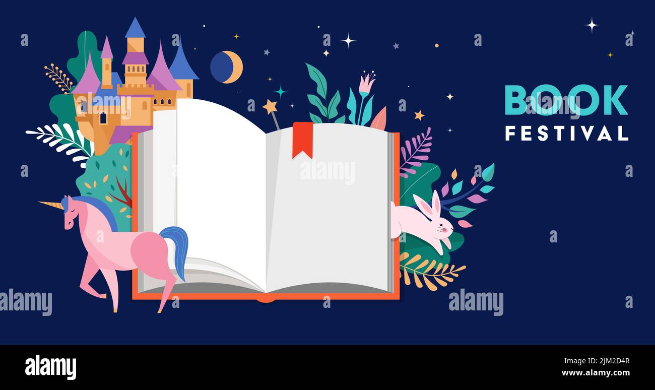Libro festival concept design. Apri un enorme libro con foresta magica, castello, unicorno e fiori. Fantasia e fantasia concept design. Vettore Illustrazione Vettoriale