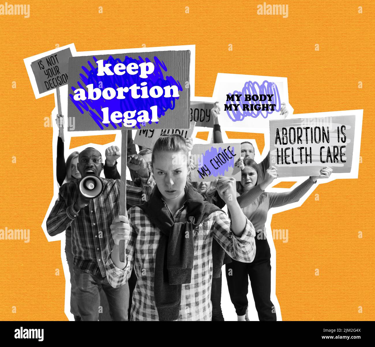 Immagine concettuale creativa con i giovani in sciopero contro il rafforzamento della legge sull'aborto, dei diritti delle donne, del diritto di scelta, della salute e della libertà Foto Stock